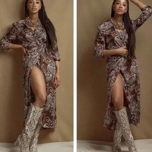 Zara Black & Brown Printed Satin Wrap Dress